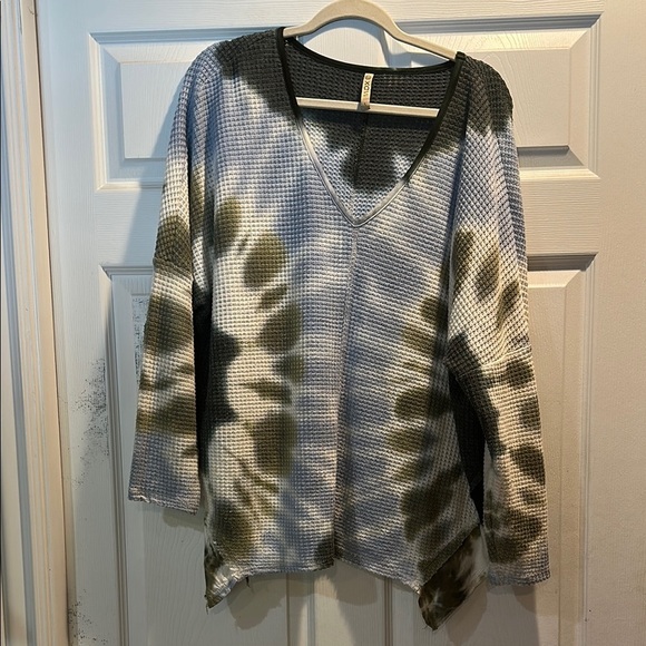 XCVI Tie Dye Oversized V-Neck Waffle Knit Tunic Top L Boho - Picture 1 of 7